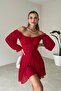 Lined Chiffon Fabric Bodice Lace Detail Low-cut Short Sleeve Red Flared Dress 053 - 4