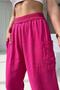 Women's Fuchsia Pink Linen Textured Lace Elastic Waist Trousers - 2