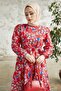 Felara Floral Pattern Belted Dress - Red - 2