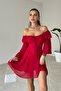 Lined Chiffon Fabric Bodice Lace Detail Low-cut Short Sleeve Red Flared Dress 053 - 5