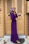 Fashion Stripe Belt Detailed Hijab Dress Purple - 3