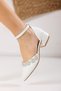 Women's White Leather Stripe Stone Detailed Evening Dress Shoes 3.5 Cm - 5