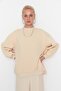 Bej Oversize/Geniş Kalıp Yırtmaç Detaylı Kalın İçi Polarlı Örme Sweatshirt TWOAW23SW00195 - 5
