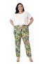 Plus Size Green Trousers - Side and Back Elastic, Pocket, Leaf Print - 2