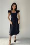 Flexible Crepe Fabric Shoulder Detail Square Neck Midi Length Black Evening Dress 125