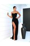 Black Color Straight Collar Floor Detailed New Season Flexible Fabric Slit Long Dress 582184 696