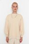Bej Oversize/Geniş Kalıp Yırtmaç Detaylı Kalın İçi Polarlı Örme Sweatshirt TWOAW23SW00195 - 6
