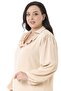 Plus Size Flowing Beige Blouse with Ruffled Collar, Shirred Shoulders and Sleeves and Buttons - 5