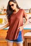 Women's Bitter Brown V-Neck Loose Loose T-Shirt with Slits on the Side - 2