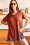 Women's Bitter Brown V-Neck Loose Loose T-Shirt with Slits on the Side - 3