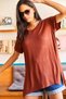 Women's Bitter Brown V-Neck Loose Loose T-Shirt with Slits on the Side - 4