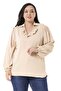 Plus Size Flowing Beige Blouse with Ruffled Collar, Shirred Shoulders and Sleeves and Buttons