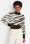 Khaki Zebra Print Crop Knitwear Sweater Twoaw21Kz0010 - 2