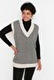 Beige Striped V-Neck Knitwear Sweater TCTAW22UV0021