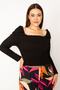Women's Large Size Black Body Part Elastic Elastic Karmen Collar Long Sleeve Crop Blouse 65n33425