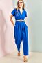 Women's Blue Belted Slim Gabardine Jumpsuit 20162 - 4
