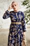 Vesa Patterned Straw Belt Dress - Navy Blue - 3