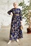 Vesa Patterned Straw Belt Dress - Navy Blue - 4