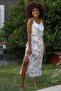 Women's White V-Neck Strap Maxi Floral Slit Regular Fit Woven Dress - 4