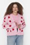 Pembe Çilek Desenli V Yaka Crop Triko Hırka TBBAW23AV00028 - 2