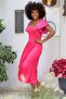 Women's Pink Square Collar Moon Sleeve Maxi Embroidered Regular Fit Knitted Dress - 3
