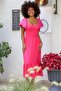 Women's Pink Square Collar Moon Sleeve Maxi Embroidered Regular Fit Knitted Dress - 6
