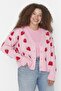 Pembe Çilek Desenli V Yaka Crop Triko Hırka TBBAW23AV00028
