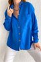 Women's Cobalt Blue Wooden Buttoned Cotton Linen Shirt 65% Cotton 35% Linen - 2
