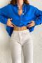 Women's Cobalt Blue Wooden Buttoned Cotton Linen Shirt 65% Cotton 35% Linen - 3