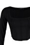 Black Piping Detailed Square Neck Fitted Crop Interlock Knitted Blouse TWOAW23BZ00151 - 8