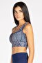 Navy Blue Gray Striped High Support Covered Sports Bra with Back Detail - 7