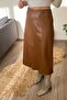 Swarıus Asymmetrical Sewing Detailed Women's Leather Skirt Brown - 3