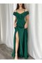 Flexible Green Crepe Fabric Slit Detailed Long Evening Dress and Graduation Dress with Low-cut Chest 582190 699