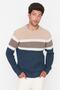 Bej Slim Fit Yünlü Bisiklet Yaka Panelli Renk Bloklu Triko Kazak TMNAW22KZ0343 - 5