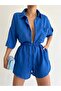 Women's Blue Linen Fabric Oversize Shirt Shorts Set