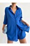 Women's Blue Linen Fabric Oversize Shirt Shorts Set - 2