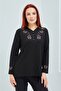 Women's Black V-Neck Buttoned Floral Lycra Mother's Combed Cotton Blouse - 4