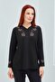 Women's Black V-Neck Buttoned Floral Lycra Mother's Combed Cotton Blouse