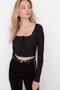 Black Button Detailed Square Neck Fitted Flexible Crop Knitted Blouse TWOAW23BZ00384 - 3