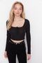 Black Button Detailed Square Neck Fitted Flexible Crop Knitted Blouse TWOAW23BZ00384 - 4