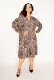 Women's Large Size Brown V-Neck Front Patchwork Half Buttoned Waist Gathered Long Sleeve Dress 65n33705
