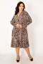 Women's Large Size Brown V-Neck Front Patchwork Half Buttoned Waist Gathered Long Sleeve Dress 65n33705 - 4