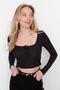 Black Button Detailed Square Neck Fitted Flexible Crop Knitted Blouse TWOAW23BZ00384