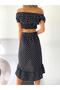 Women's Polka Dot Black Carmen Collar Crop Blouse Asymmetrical Skirt Set - 6