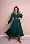 Women's Brown Leather Belted Emerald Long Sleeve Asymmetric Dress - 3