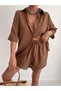 Women's Oversize Linen Set - Brown Shirt and Shorts - 2