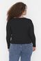 Siyah Havuz Yaka Çıtçıt Detaylı Fitted/Vücuda Oturan Örme Crop Büyük Beden Bluz TBBAW23AF00030 - 6