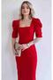 Square Neck Stretchy Fabric Midi Length Short Sleeve Black Evening & Graduation Dress 026 - 2