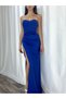 Strapless Midriff Floor Detailed Blue Flexible Fabric Slit Long Evening Dress and Graduation Dress 582184 696