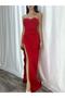 Strapless Midriff Floor Detailed Red Flexible Fabric Slit Evening Dress and Graduation Dress 582184 696 - 3